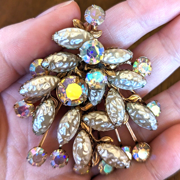 Judy Lee Aurora Borealis Lava Stone Brooch w Prong Setting Unsigned Vintage - Picture 6 of 10